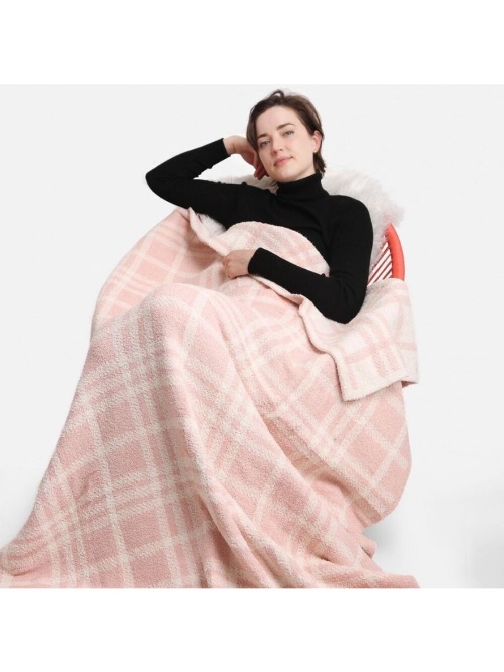 COMFYLUXE Pink White Plaid Cozy Super Soft Plush Reversible Throw Blanket 50x60 - Picture 2 of 5
